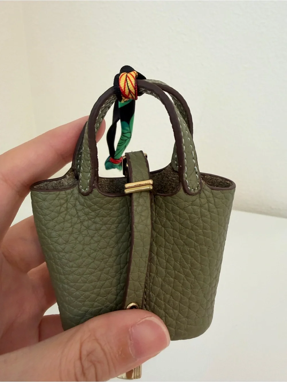 Top Grain Leather Mini Tote Bag Charm Olive Green Mini Purse Charm